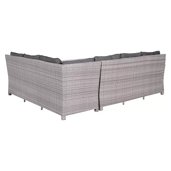Garden Impressions Loungemöbel-Set Blue Bird - 4 -tlg., Aluminium, Polyester, Glas, Rechts, Grau - Helles graues Rattan-Ecksofa für den Außenbereich mit dunkelgrauen Kissen, von hinten gesehen.