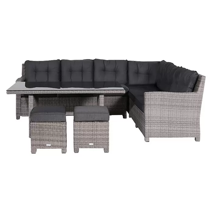 Garden Impressions Loungemöbel-Set Blue Bird - 4 -tlg., Aluminium, Polyester, Glas, Rechts, Grau - Hellgraues Rattan-L-förmiges Garten-Sofa-Set mit dunkelgrauen Kissen, einem Glastisch und zwei Hockern.