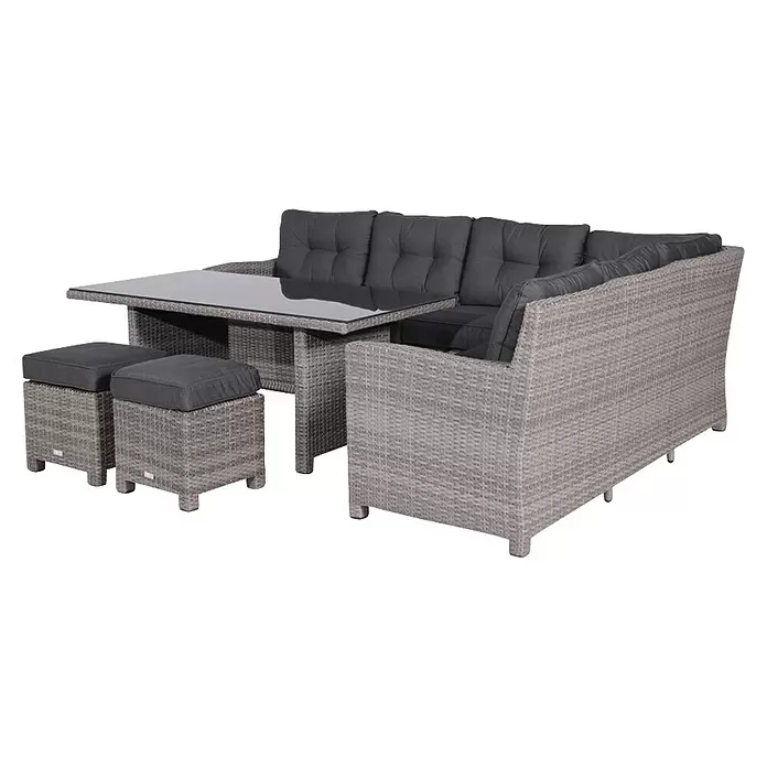 Garden Impressions Loungemöbel-Set Blue Bird - 4 -tlg., Aluminium, Polyester, Glas, Rechts, Grau - Graues Rattan-Ecksofa-Set für den Außenbereich mit Tisch und zwei Hockern, mit dunkelgrauen Kissen.