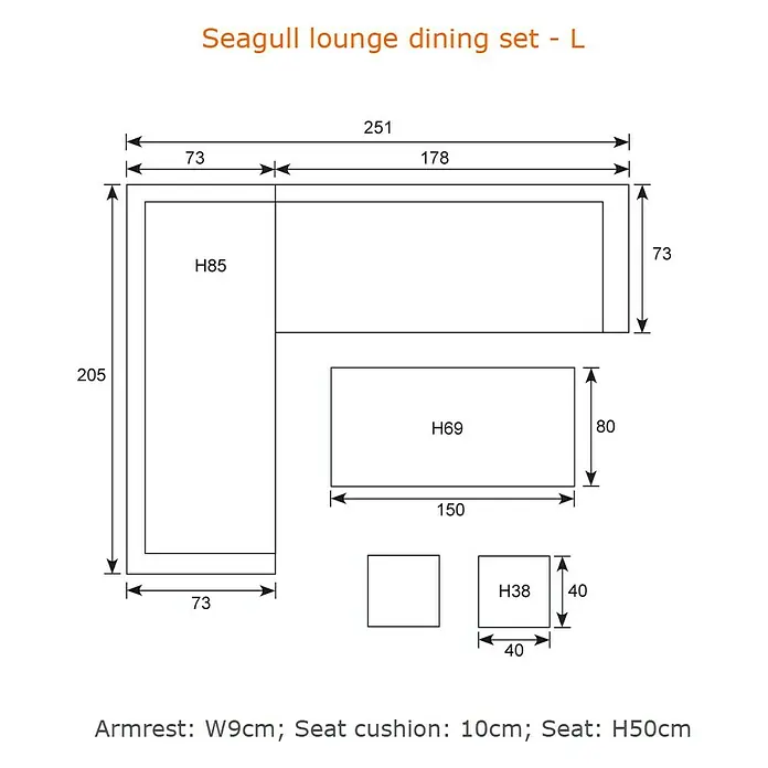 Garden Impressions Loungemöbel-Set Seagull - Linksausrichtung - Detaillierte Maße für Seagull L-förmiges Lounge-Essgruppe: Sofa (H85, Sitz H50), Tisch (H69) und zwei Hocker (H38).
