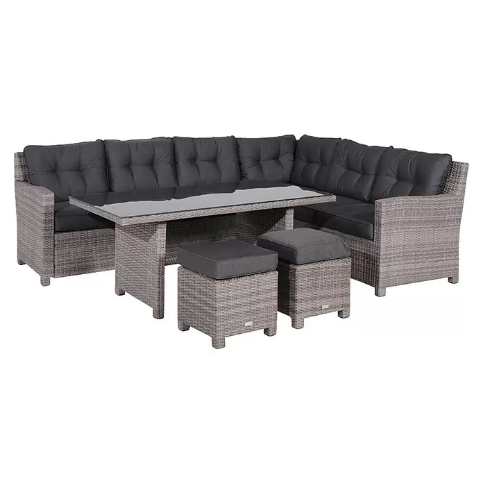 Garden Impressions Loungemöbel-Set Blue Bird - 4 -tlg., Aluminium, Polyester, Glas, Rechts, Grau - Graues Rattan-Ecksofa-Set mit dunklen Kissen, Glastisch und zwei Hockern.