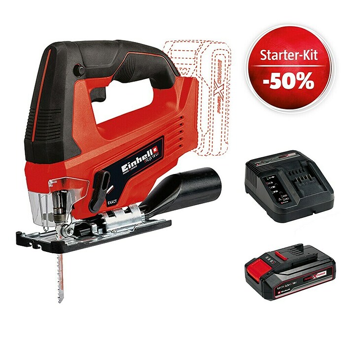 Einhell Power X-Change 18V Maschinenpaket (Akku-Pendelhubstichsäge TC-JS 18 Li-Solo + Starter-Kit (-50%)) | BAUHAUS