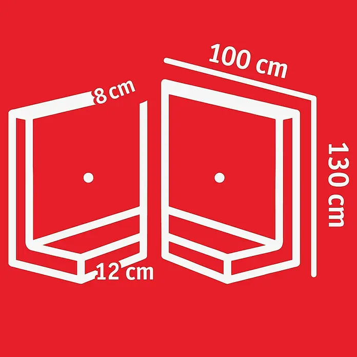 Diephaus L-Stein Slim Außenecke - 130 cm, 100 cm, Stärke: 8 cm, Grau - Skizze eines Eckregals mit den Maßen 8cm Tiefe, 12cm Breite und 130cm Höhe und einer Länge von 100cm.