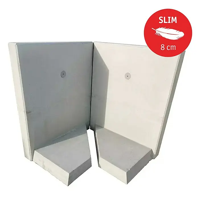 Diephaus L-Stein Slim Außenecke - 80 cm, 100 cm, Stärke: 8 cm, Grau - Zwei graue modulare Eckstücke, ideal für den flexiblen Aufbau von Mauern und Gartenstrukturen, mit rotem "Slim 8 cm"-Aufkleber.
