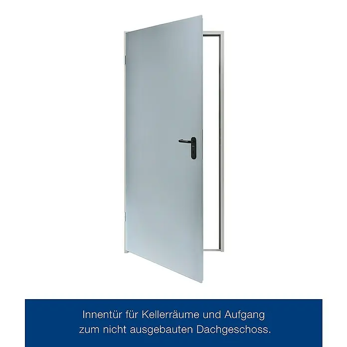 Hörmann ZK-Element - 87,5 x 187,5 cm, DIN Anschlag: Links, Verzinkt - Tür für Kellerräume und nicht ausgebaute Dachgeschosse. Die Tür ist grau und hat einen schwarzen Griff.