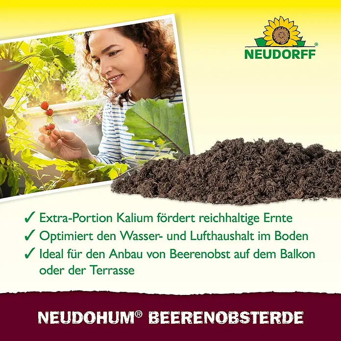 Neudorff NeudoHum Obst- & Beerenerde - 20 l - Produktbild von Neudohum Beerenerde, ideal für üppige Ernten von Beerenobst auf Balkonen und Terrassen, dank Extra-Kalium und optimiertem Wasserhaushalt.