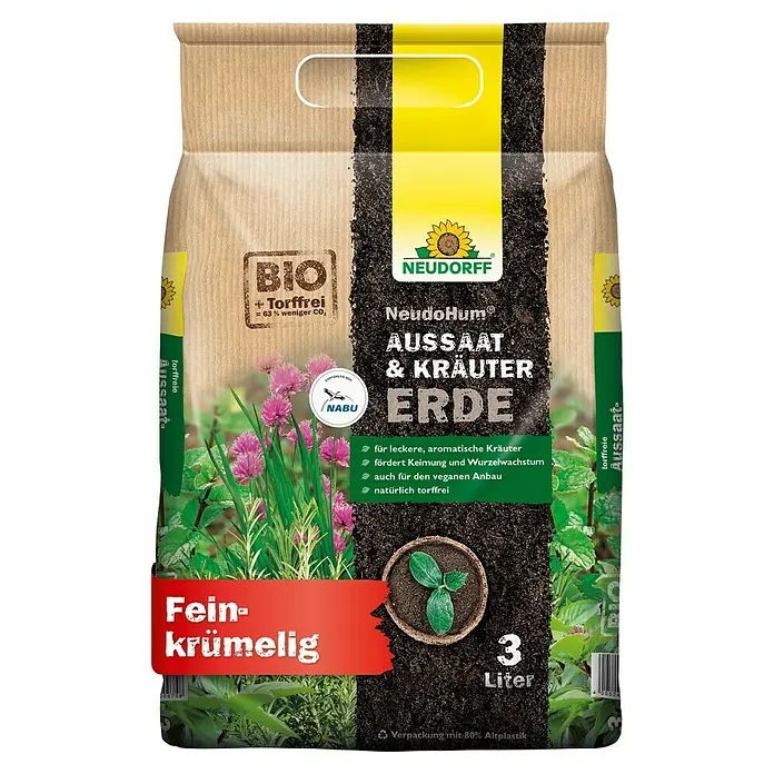 Neudorff NeudoHum Aussaat- & Kräutererde - 3 l - Ein Sack NeudoHum Aussaat & Kräuter Erde, torffrei, ideal für leckere, aromatische Kräuter und veganen Anbau.