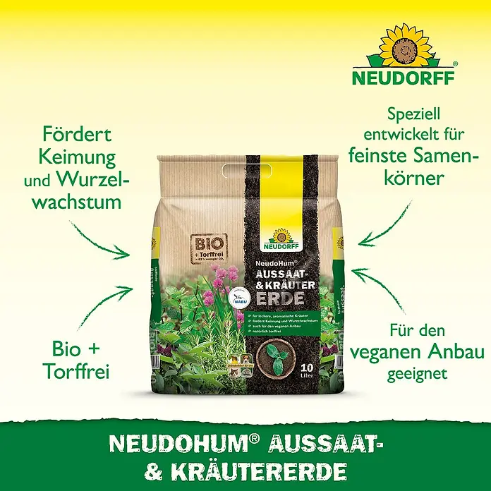 Neudorff NeudoHum Aussaat- & Kräutererde - 10 l, Torffrei - Produktbild: Neudorff NeudoHum Aussaat- & Kräutererde, speziell für feine Samenkörner, fördert Keimung und Wurzelwachstum, bio und torffrei.
