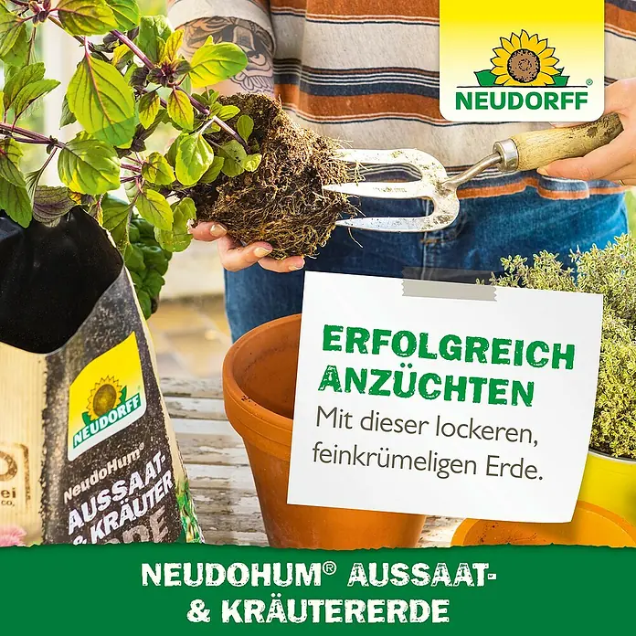 Neudorff NeudoHum Aussaat- & Kräutererde - 3 l - Neudorff Aussaat- & Kräutererde im Einsatz: Ein Gärtner pflanzt Kräuter mit hochwertiger Erde in einen Topf.