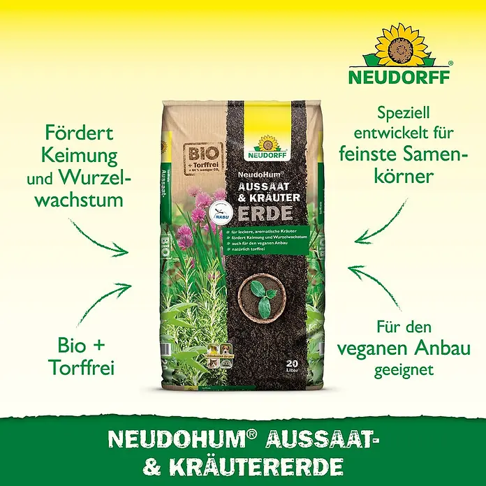 Neudorff NeudoHum Aussaat- & Kräutererde - 20 l, Torffrei - Neudorff NeudoHum Aussaat- & Kräutererde: Speziell für feine Samenkörner entwickelt, fördert Keimung und Wurzelwachstum, bio und torffrei, für veganen Anbau.