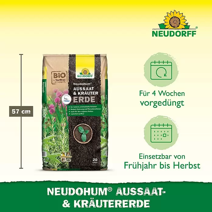 Neudorff NeudoHum Aussaat- & Kräutererde - 20 l, Torffrei - Neudohum Bio Aussaat- & Kräutererde, 20L torffreier Beutel, 57 cm hoch.