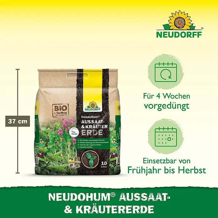 Neudorff NeudoHum Aussaat- & Kräutererde - 10 l, Torffrei - Produktbild: Neudorff NeudoHum Aussaat- & Kräutererde, eine torffreie Bio-Erdmischung für Kräuter und Aussaaten, 10 Liter Sack.