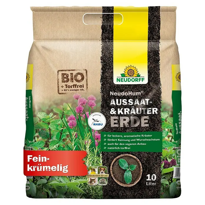 Neudorff NeudoHum Aussaat- & Kräutererde - 10 l, Torffrei - Packung NeudoHum Aussaat- & KräuterErde: Bio-Aussaaterde für leckere Kräuter, fördert Keimung, vegan, torffrei und unbedenklich für Haustiere.