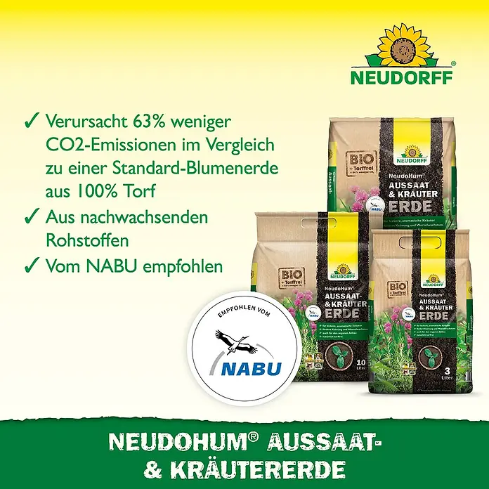 Neudorff NeudoHum Aussaat- & Kräutererde - 3 l - Abbildung von Neudohum Aussaat- & Kräutererde, einer torffreien Blumenerde für Aussaat und Kräuter, empfohlen vom NABU.