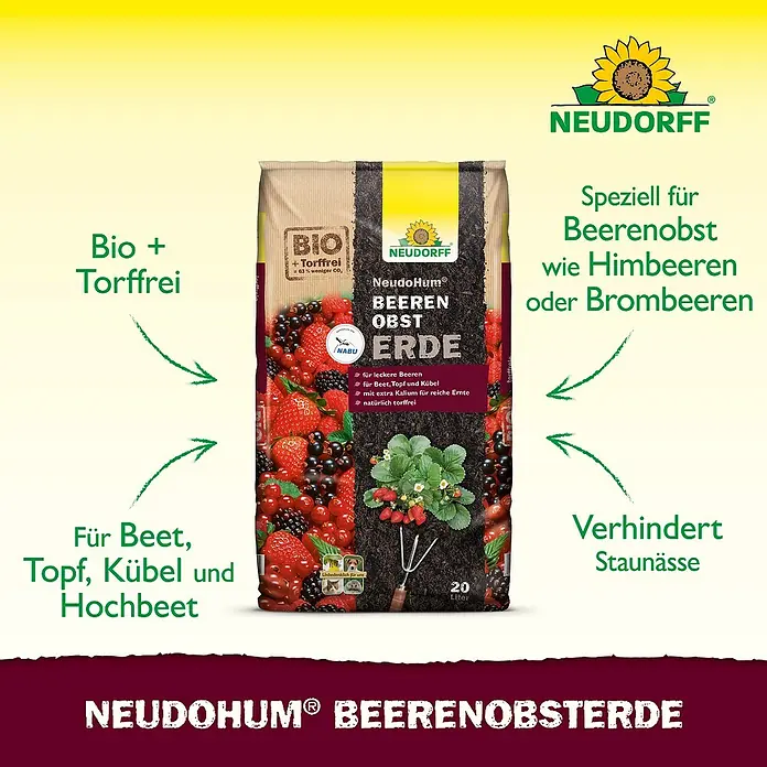 Neudorff NeudoHum Obst- & Beerenerde - 20 l, Torffrei - Abbildung einer Packung NeudoHum® Beerenerde, einer torffreien Bio-Erde, speziell für Beerenobst wie Himbeeren oder Brombeeren.