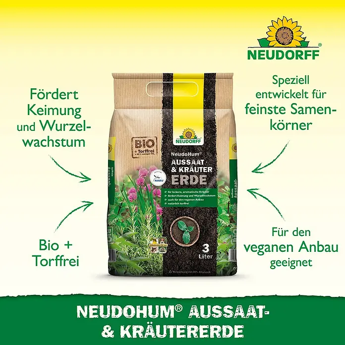 Neudorff NeudoHum Aussaat- & Kräutererde - 3 l - Produktfoto von NeudoHum Aussaat- & Kräutererde: Bio-Anzuchterde für Kräuter und feine Samenkörner, torffrei und vegan geeignet.