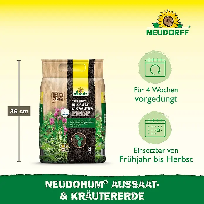 Neudorff NeudoHum Aussaat- & Kräutererde - 3 l - Bild einer 3L-Packung NeudoHum Aussaat- & Kräutererde von Neudorff, torffrei und für 4 Wochen vorgedüngt, einsetzbar von Frühjahr bis Herbst.