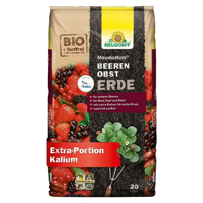 Neudorff NeudoHum Obst- & Beerenerde - 20 l - Abbildung einer Packung NeudoHum Beerenerde von Neudorff, torffrei und mit extra Kalium für leckere Beeren.