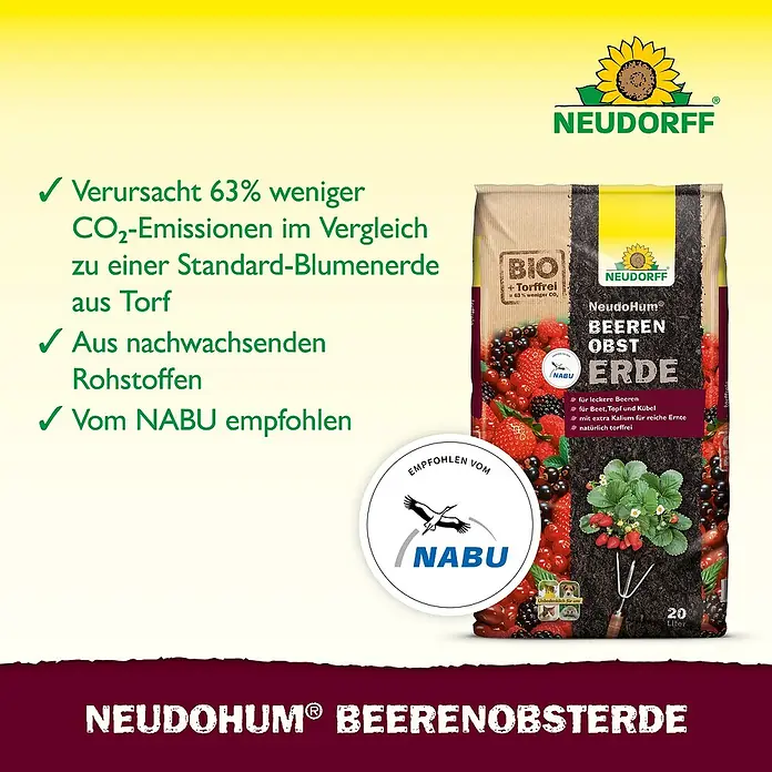 Neudorff NeudoHum Obst- & Beerenerde - 20 l - Produktbild: Neudorff NeudoHum Beereno-bsterde, torffreie Bio-Erde für Beeren und Obst mit NABU-Empfehlung.