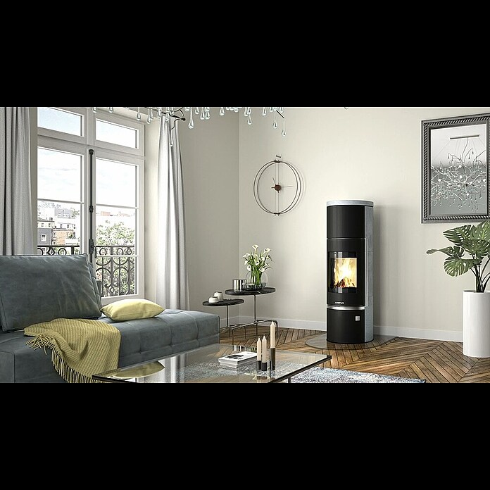 Justus Kaminofen Faro W+ 2.0 (7 kW, Raumheizvermögen: 144 m³, Verkleidung: Stahl/Speckstein, Schwarz/Speckstein) | BAUHAUS