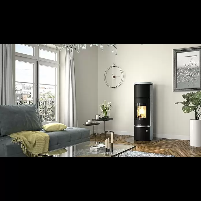 Justus Kaminofen Faro W+ 2.0 - 7 kW, Raumheizvermögen: 144 m³, Verkleidung: Stahl/Speckstein, Schwarz - JUSTUS - Faro W+