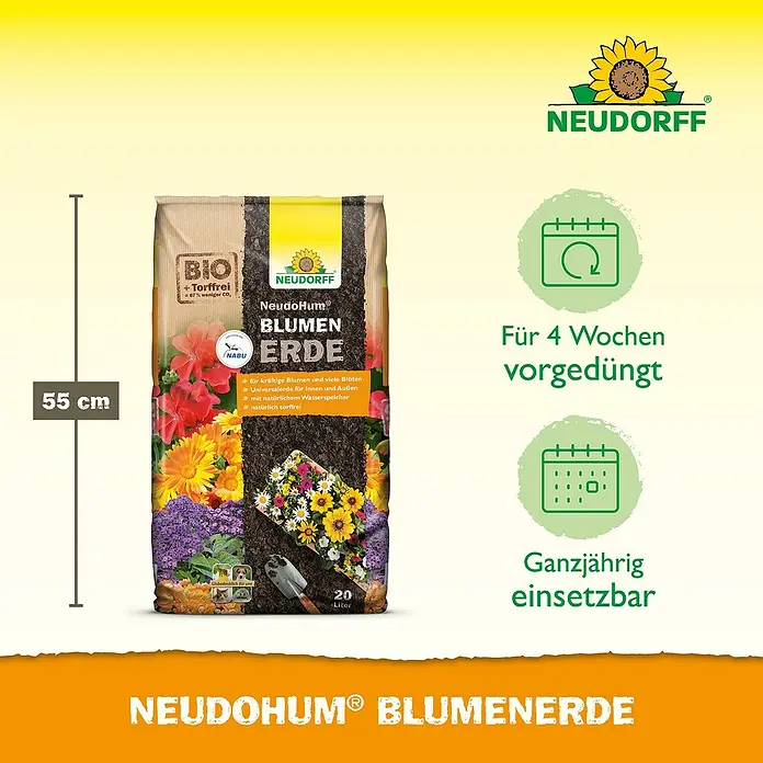 Neudorff NeudoHum Blumenerde - 20 l, Torffrei - Abbildung einer NeudoHum Blumenerde-Packung, torffreie Bio-Blumenerde für kräftige Blüten, universell einsetzbar.