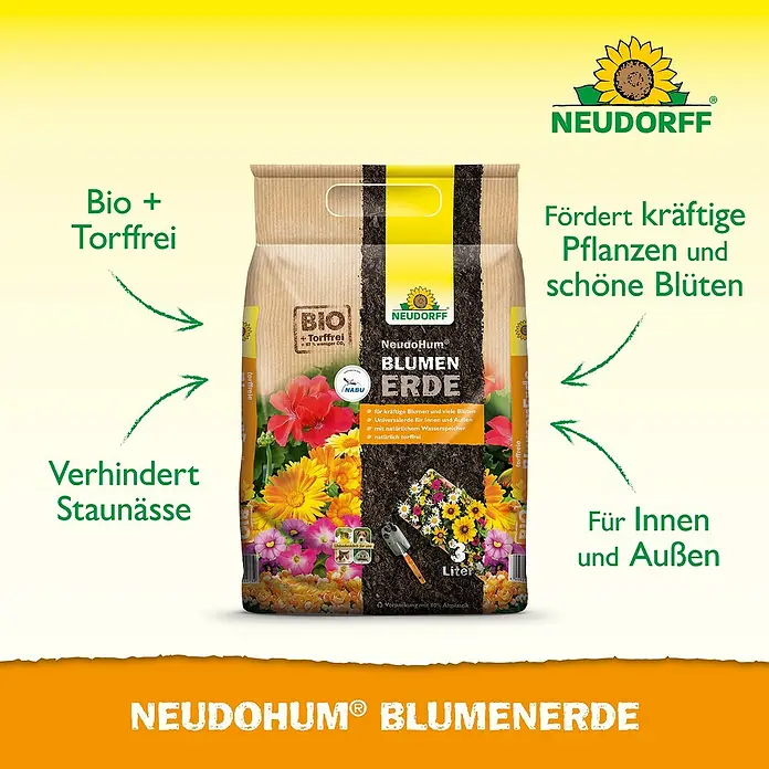 Neudorff NeudoHum Blumenerde - 3 l - Abbildung einer Packung NeudoHum Blumenerde, torffreie Bio-Blumenerde für kräftige Pflanzen und schöne Blüten im Innen- und Außenbereich.
