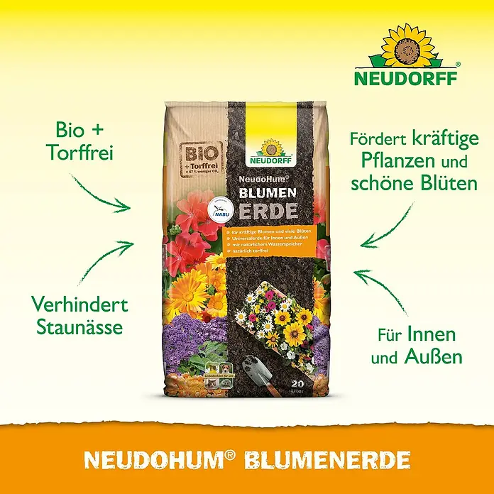 Neudorff NeudoHum Blumenerde - 20 l, Torffrei - Neudorff NeudoHum Blumenerde: Bio-Blumenerde für kräftige Pflanzen und schöne Blüten, ideal für Innen- und Außenbereiche. Torffrei und mit Wasserspeicher.
