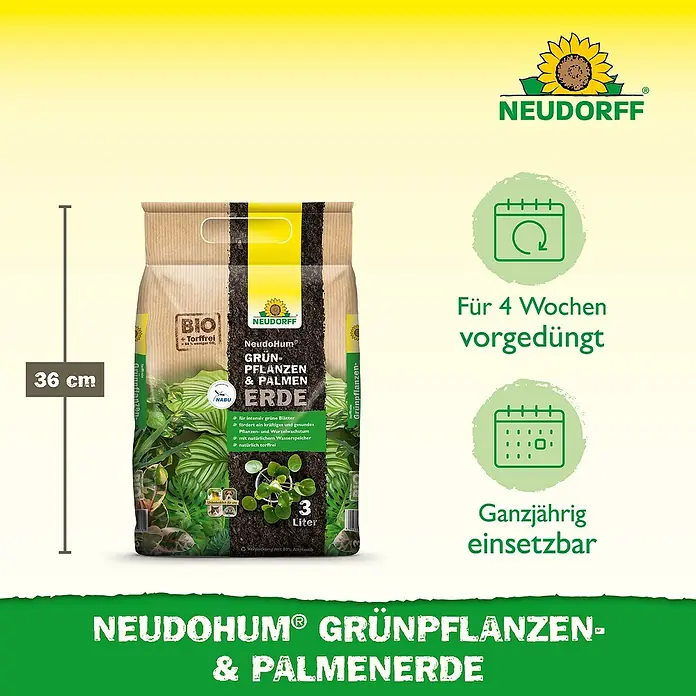 Neudorff NeudoHum Grünpflanzen- & Palmenerde - 3 l, Torffrei - Neudorff NeudoHum Grünpflanzen- & Palmenerde: Bio-Erde für grüne Pflanzen und Palmen, vorgedüngt für 4 Wochen, ganzjährig einsetzbar.