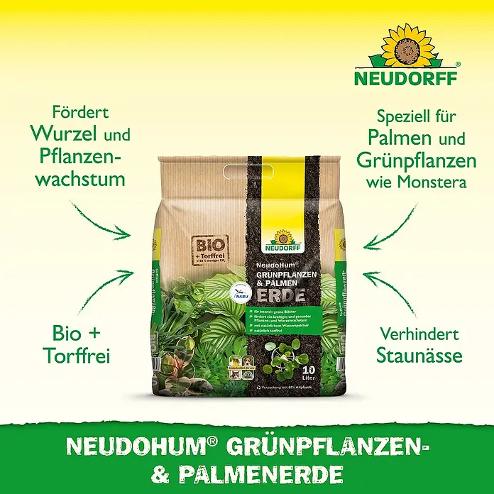 Neudorff NeudoHum Grünpflanzen- & Palmenerde - 10 l, Torffrei - Neudorff NeudoHum Grünpflanzen- & Palmenerde: Fördert Wurzelwachstum, ist torffrei und verhindert Staunässe, ideal für Palmen und Grünpflanzen.