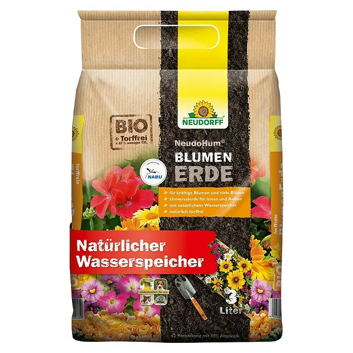 Neudorff NeudoHum Blumenerde - 3 l - Abbildung einer Packung NeudoHum Blumenerde mit Bio-Qualität, torffrei und natürlichem Wasserspeicher für kräftige Blumen.