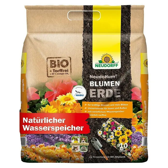 Neudorff NeudoHum Blumenerde - 10 l, Torffrei - Abbildung einer 10-Liter-Packung NeudoHum Blumenerde von Neudorff, einer torffreien Bio-Blumenerde mit natürlichem Wasserspeicher.