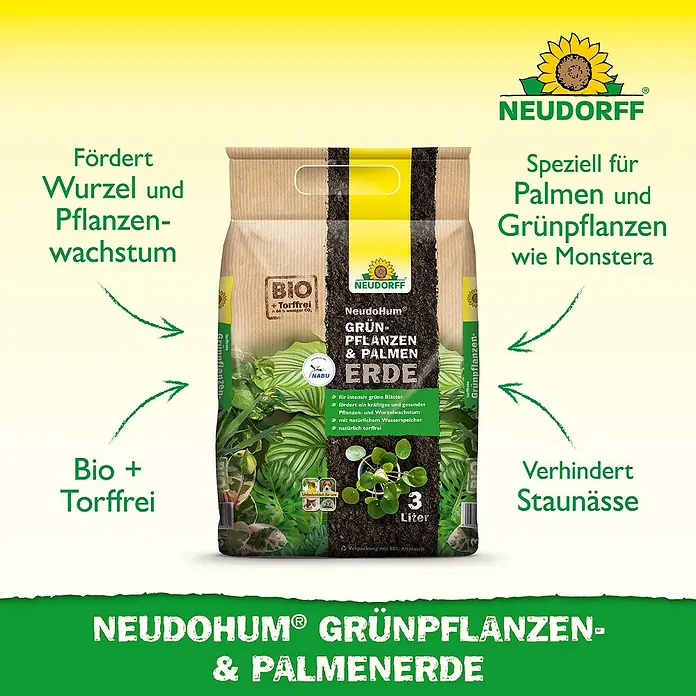 Neudorff NeudoHum Grünpflanzen- & Palmenerde - 3 l, Torffrei - Abbildung einer Packung Neudohum Grünpflanzen- und Palmenerde, einer torffreien Bio-Erde für gesundes Pflanzenwachstum.
