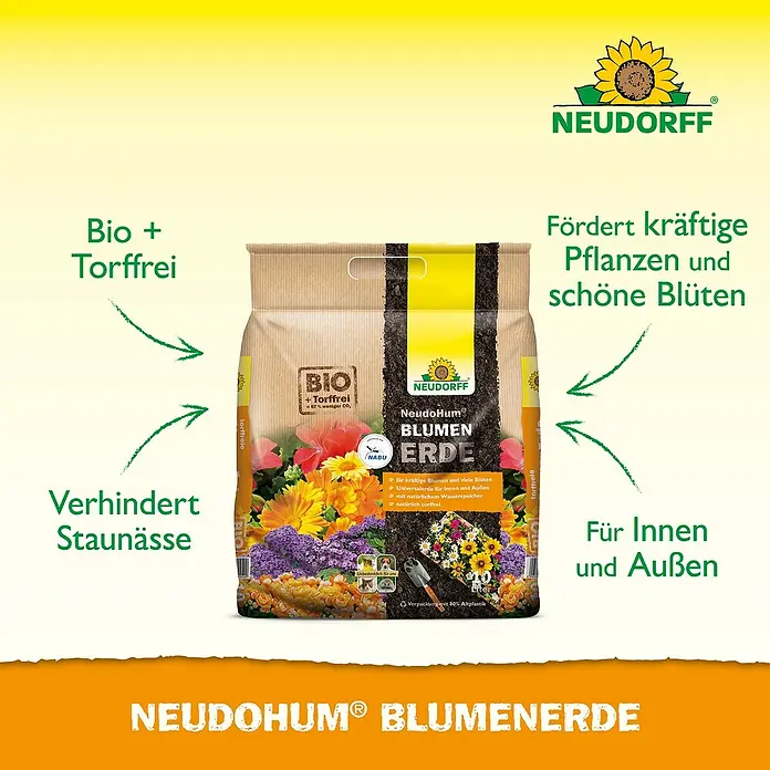Neudorff NeudoHum Blumenerde - 10 l, Torffrei - Bild einer Packung NeudoHum Blumenerde.