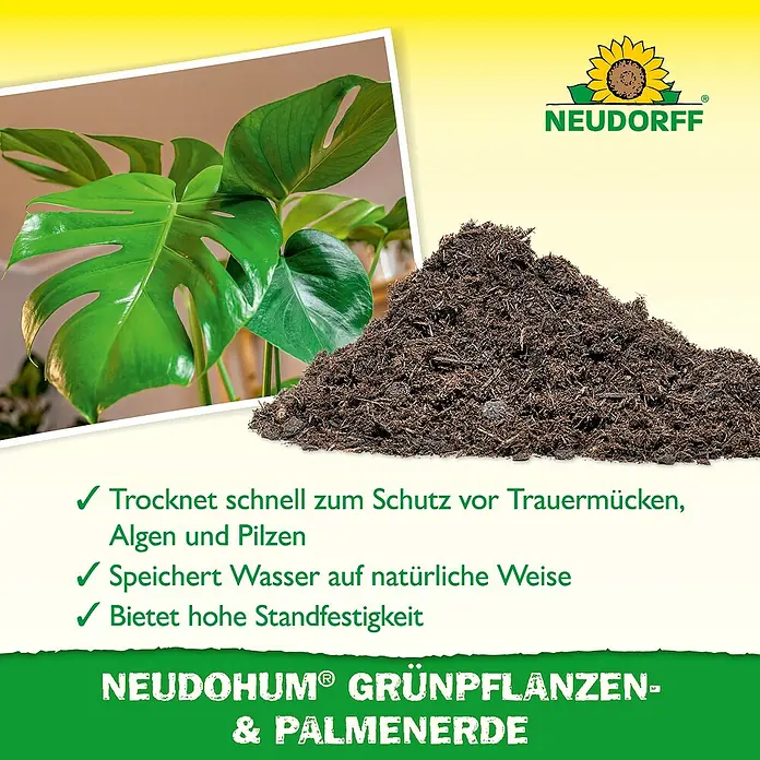 Neudorff NeudoHum Grünpflanzen- & Palmenerde - 20 l, Torffrei - Werbung für Neudorff Neudohum® Grünpflanzen- und Palmenerde, die schnell trocknet und hohe Standfestigkeit bietet.