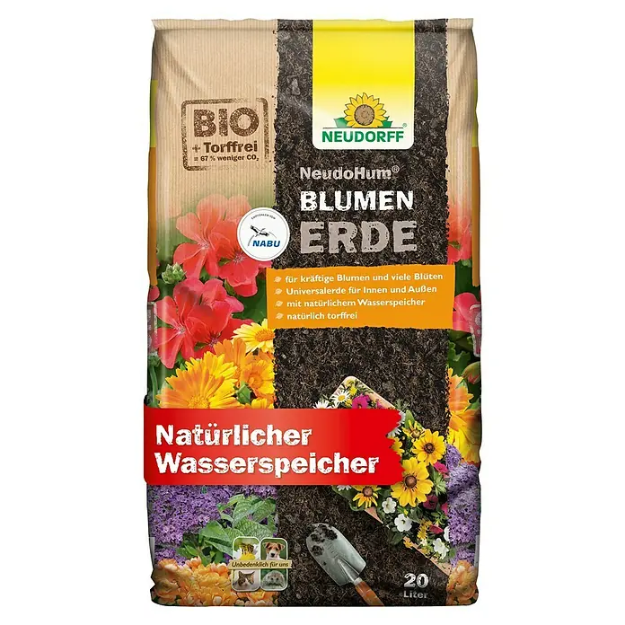 Neudorff NeudoHum Blumenerde - 20 l, Torffrei - Neudohum Blumenerde: Bio-Blumenerde ohne Torf, mit natürlichem Wasserspeicher für kräftige Blüten, universell für Innen- und Außenbereich, 20 Liter.
