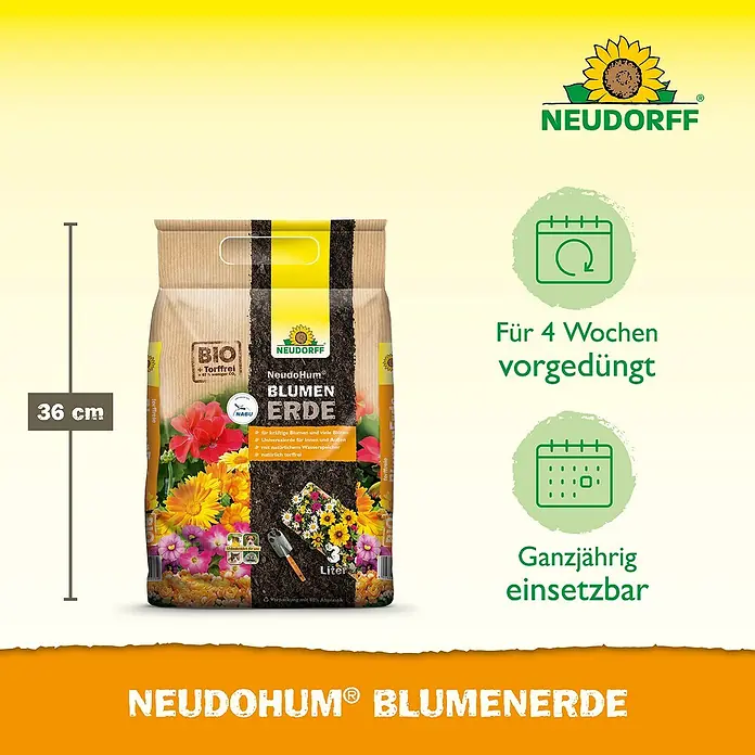 Neudorff NeudoHum Blumenerde - 3 l - Abbildung einer Packung NeudoHum® Blumenerde von Neudorff, torffrei, biologisch und für 4 Wochen vorgedüngt.