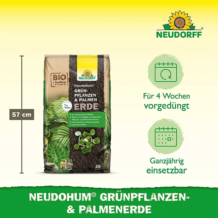 Neudorff NeudoHum Grünpflanzen- & Palmenerde - 20 l, Torffrei - Abbildung einer Packung NeudoHum Grünpflanzen- und Palmenerde von Neudorff, torffrei und für intensives Wachstum.