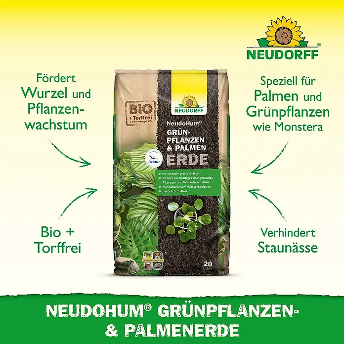 Neudorff NeudoHum Grünpflanzen- & Palmenerde - 20 l, Torffrei - Abbildung einer Packung NeudoHum Grünpflanzen- & Palmenerde, torffreie Bio-Erde für gesundes Wachstum von Palmen und Grünpflanzen.