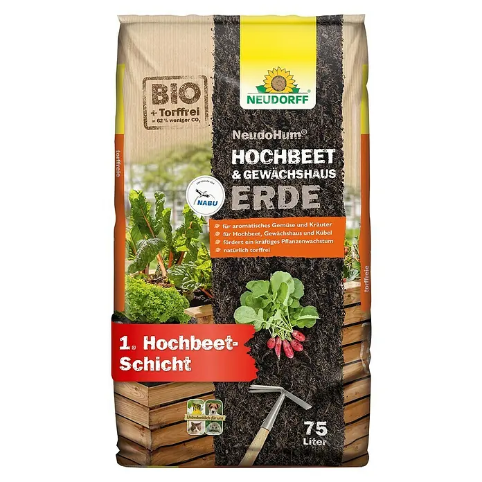 Neudorff NeudoHum Bio-Hochbeeterde75 l - Ein Sack NeudoHum® Hochbeet- & Gewächshauserde. Bio-Torffreie Erde für aromatisches Gemüse, Kräuter, Hochbeete & Kübel. 75 Liter Sack.