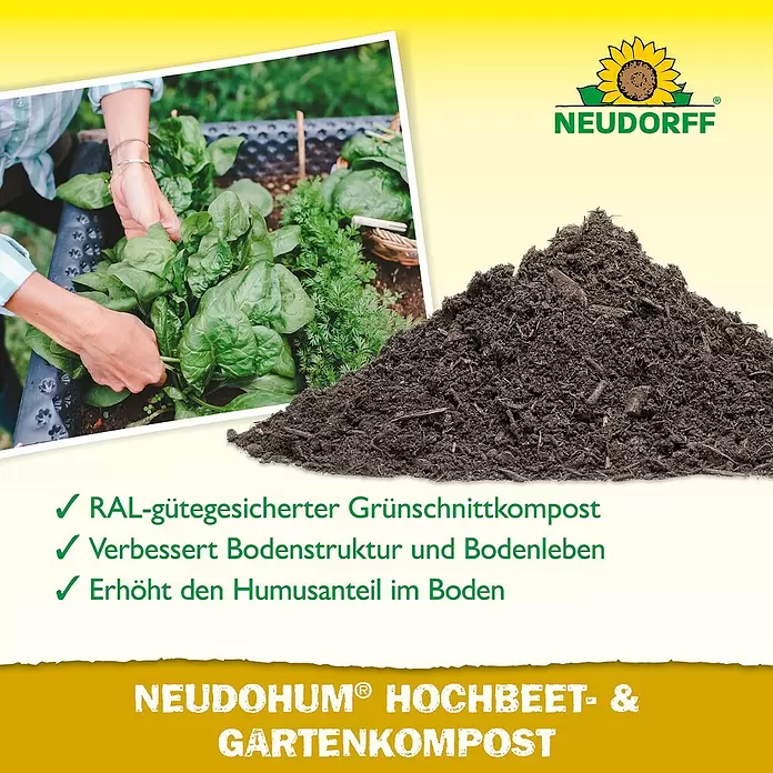 Neudorff NeudoHum Kompost - 40 l - Dunkler, reichhaltiger Kompost, gezeigt mit einem Gärtner, der Spinat erntet. Ideal für Hochbeete und Gärten, verbessert den Boden.