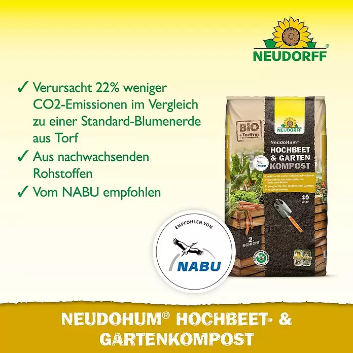 Neudorff NeudoHum Hochbeet-Kompost - 40 l, Torffrei - Eine grüne und braune Tüte NeudoHum Hochbeet- & Gartenkompost, die torffreie, nachwachsende und NABU-empfohlene Eigenschaften hervorhebt.