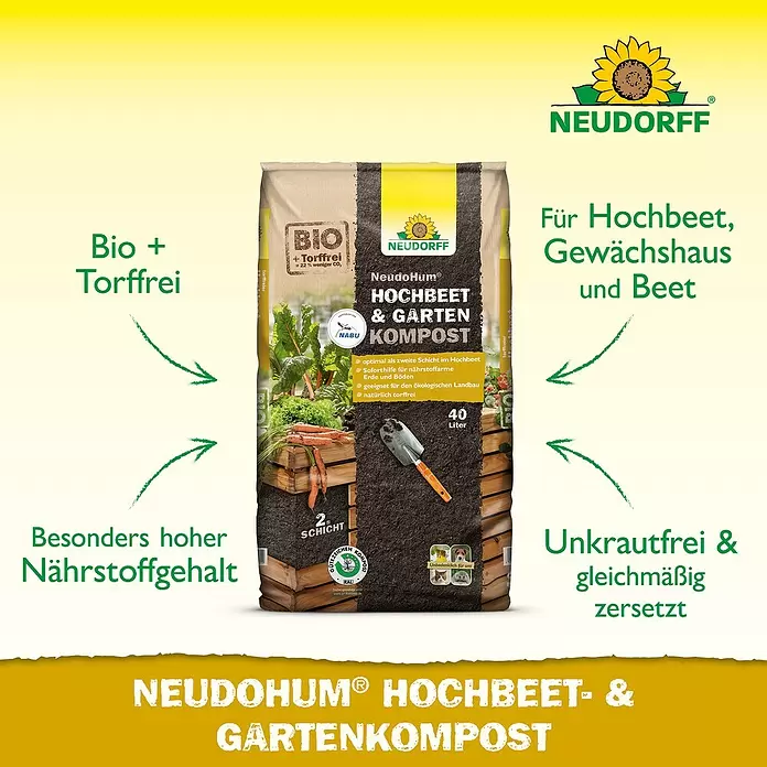 Neudorff NeudoHum Hochbeet-Kompost - 40 l, Torffrei - Eine Tüte NeudoHum Bio- & torffreier Hochbeet- & Gartenkompost, geeignet für verschiedene Pflanzbereiche und nährstoffreich.