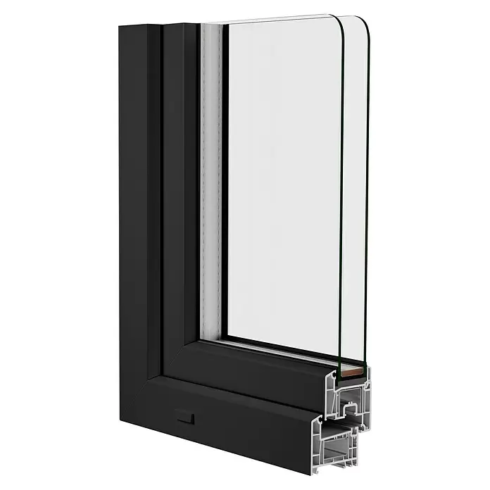 Solid Elements Kunststofffenster Basic - 100 x 100 cm, Verglasung: 2-fach, DIN Anschlag: Links, Außen: Anthrazit Sandstruktur, Innen: Weiß - Querschnitt eines schwarzen Fensterrahmens (vermutlich PVC) mit Doppelverglasung und Mehrkammerprofil.