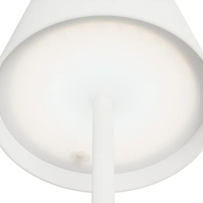 Starlux Paola Akku-Tischleuchte - 3 W, L x B x H: 11 x 11 x 36 cm, Weiß, Warmweiß - Nahaufnahme einer modernen, weißen Lampe mit sanftem Licht, die eine elegante und minimalistische Ästhetik bietet.