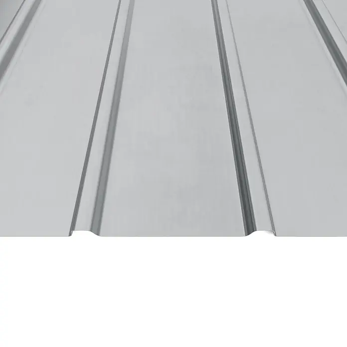 Metdach Abdeckplatte H12 - 120 cm x 90,6 cm x 0,35 mm, Silber - Detailaufnahme einer Trapezblechplatte mit markanten Sicken für den Einsatz als robuste und langlebige Dach- oder Wandverkleidung.