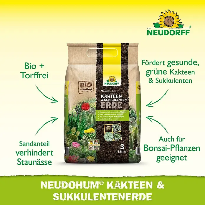 Neudorff NeudoHum Kakteenerde - 3 l, Torffrei - Neudorff NeudoHum Kakteen- & Sukkulentenerde für gesunde Pflanzen, ideal für empfindliche Wurzeln, mit Naturdünger und ohne Torf.