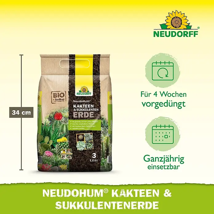 Neudorff NeudoHum Kakteenerde - 3 l, Torffrei - Abbildung eines 3-Liter-Sacks NeudoHum Kakteen- und Sukkulentenerde von Neudorff, ideal für gesunde Pflanzen und ganzjährige Nutzung.