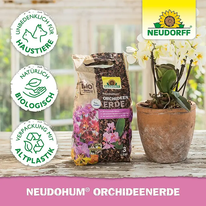 Neudorff NeudoHum Orchideenerde - 3 l - Nahaufnahme der Neudohum Orchideenerde, ideal für üppige Blüten und optimale Wurzelbelüftung, verpackt in recyceltem Plastik.