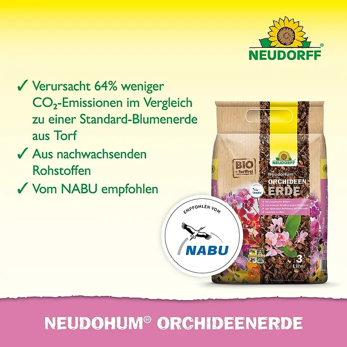Neudorff NeudoHum Orchideenerde - 3 l - Produktbild von Neudohum Orchideenerde, einer torffreien Erdmischung für Orchideen, empfohlen vom NABU und mit reduziertem CO2-Ausstoß.